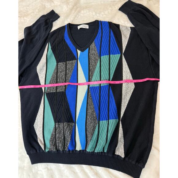 VTG 90s St. Croix V-neck Sweater Geometric 3D Knit Multicolor Grandpa Coogi XXL - Picture 8 of 10